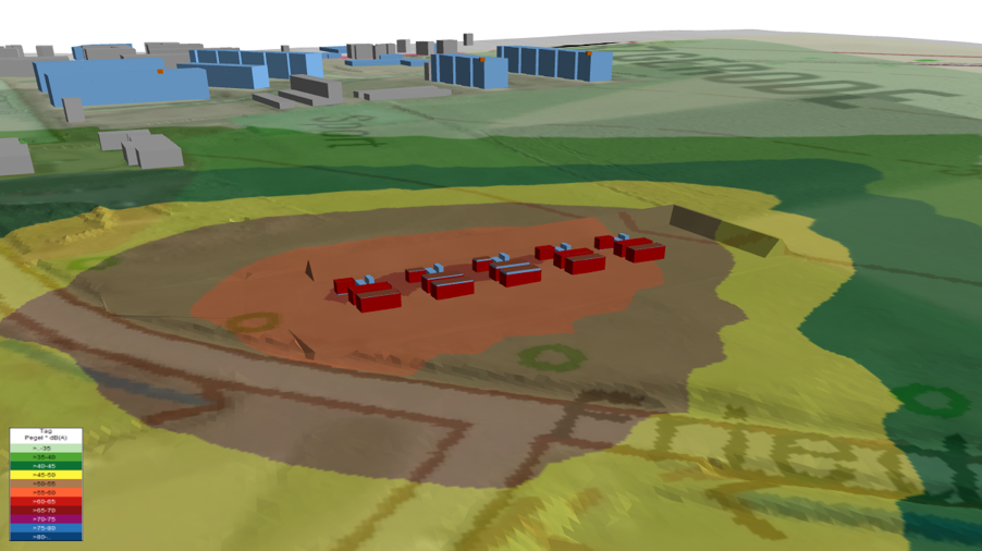 Model instalacji BESS i mapa propagacji hałasu w programie IMMI